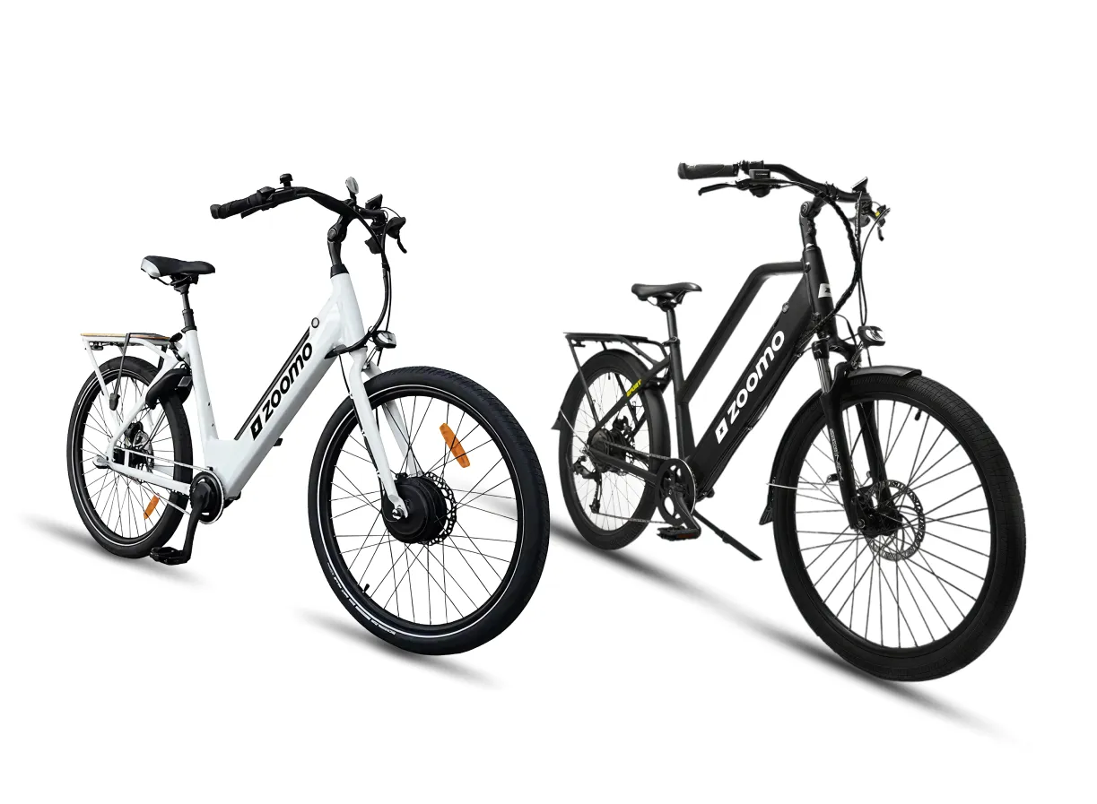 Two Zoomo electric bikes side by side, one white and one black, on a white background.