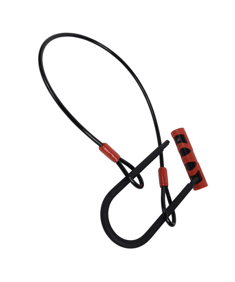 Black and red cable bike lock with U-shaped shackle and looped design.