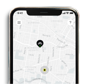 Smartphone screen showing a map with two location markers, one with a bicycle icon.